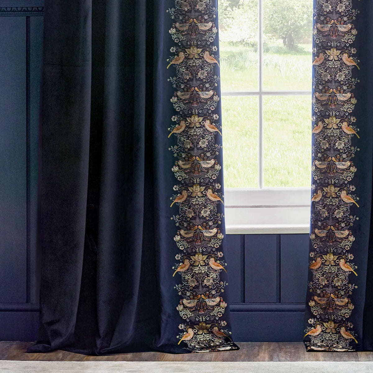 Strawberry Thief Embroidery Indigo Velvet Thermal Blackout Dimout Pencil Pleat Curtains - additional product view 4