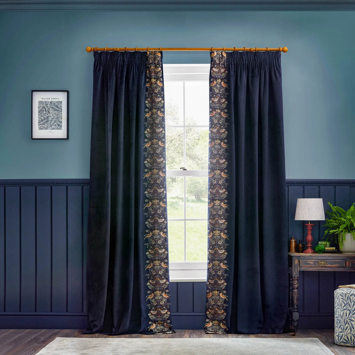 Strawberry Thief Embroidery Indigo Velvet Thermal Blackout Dimout Pencil Pleat Curtains - additional product view 6