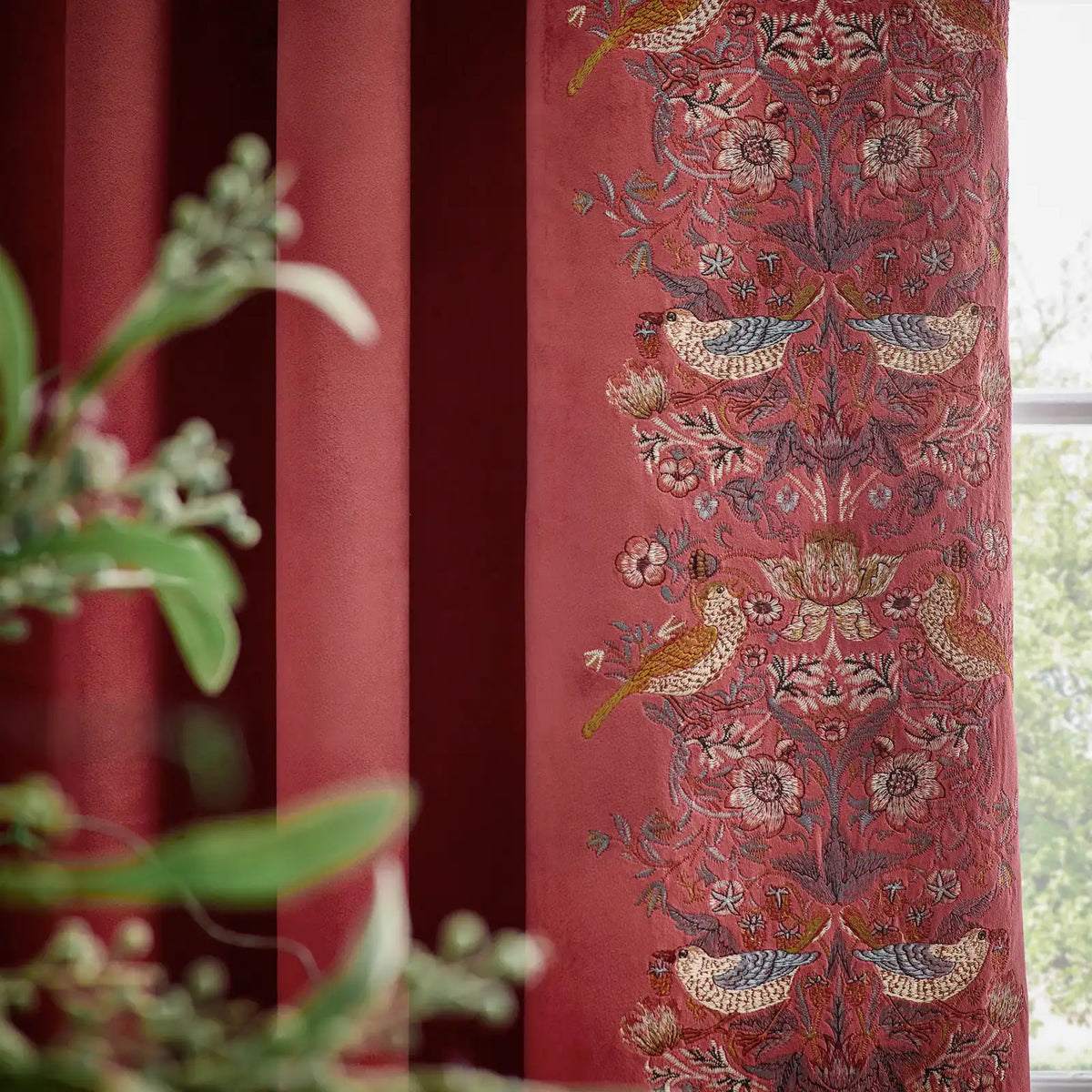 Strawberry Thief Embroidery Berry Velvet Thermal Blackout Dimout Pencil Pleat Curtains - additional product view 3