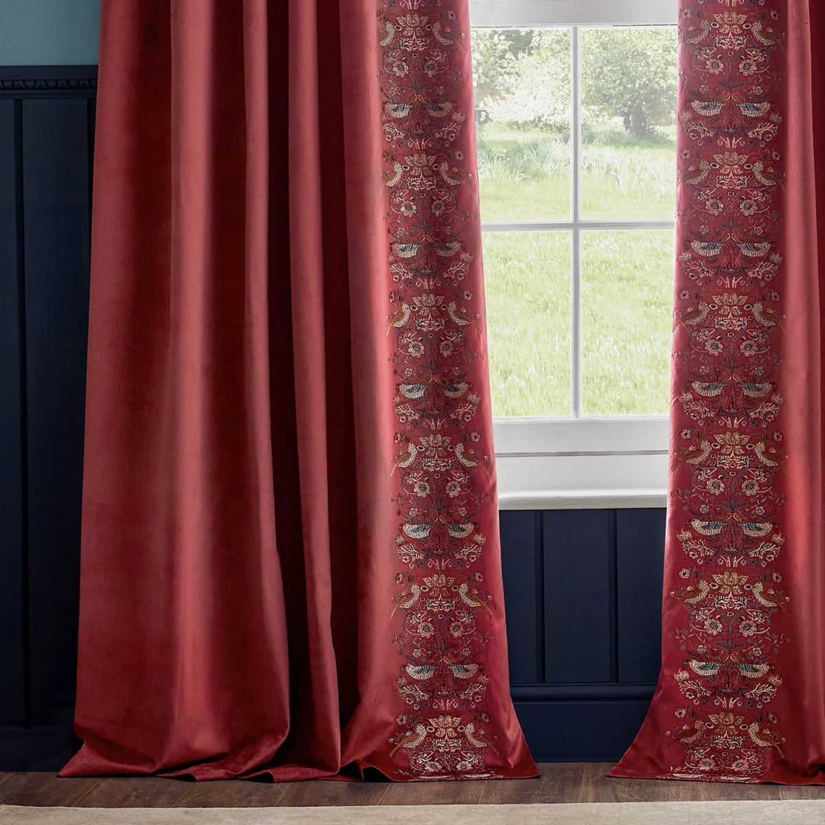 Strawberry Thief Embroidery Berry Velvet Thermal Blackout Dimout Pencil Pleat Curtains - additional product view 4