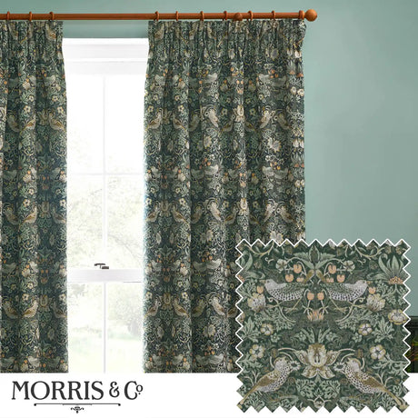 Strawberry Thief Jacquard Forest Green Thermal Dimout Pencil Pleat Curtains - additional product view 1