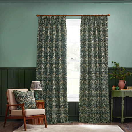 Strawberry Thief Jacquard Forest Green Thermal Dimout Pencil Pleat Curtains - additional product view 2