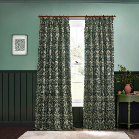 Strawberry Thief Jacquard Forest Green Thermal Dimout Pencil Pleat Curtains - additional product view 6