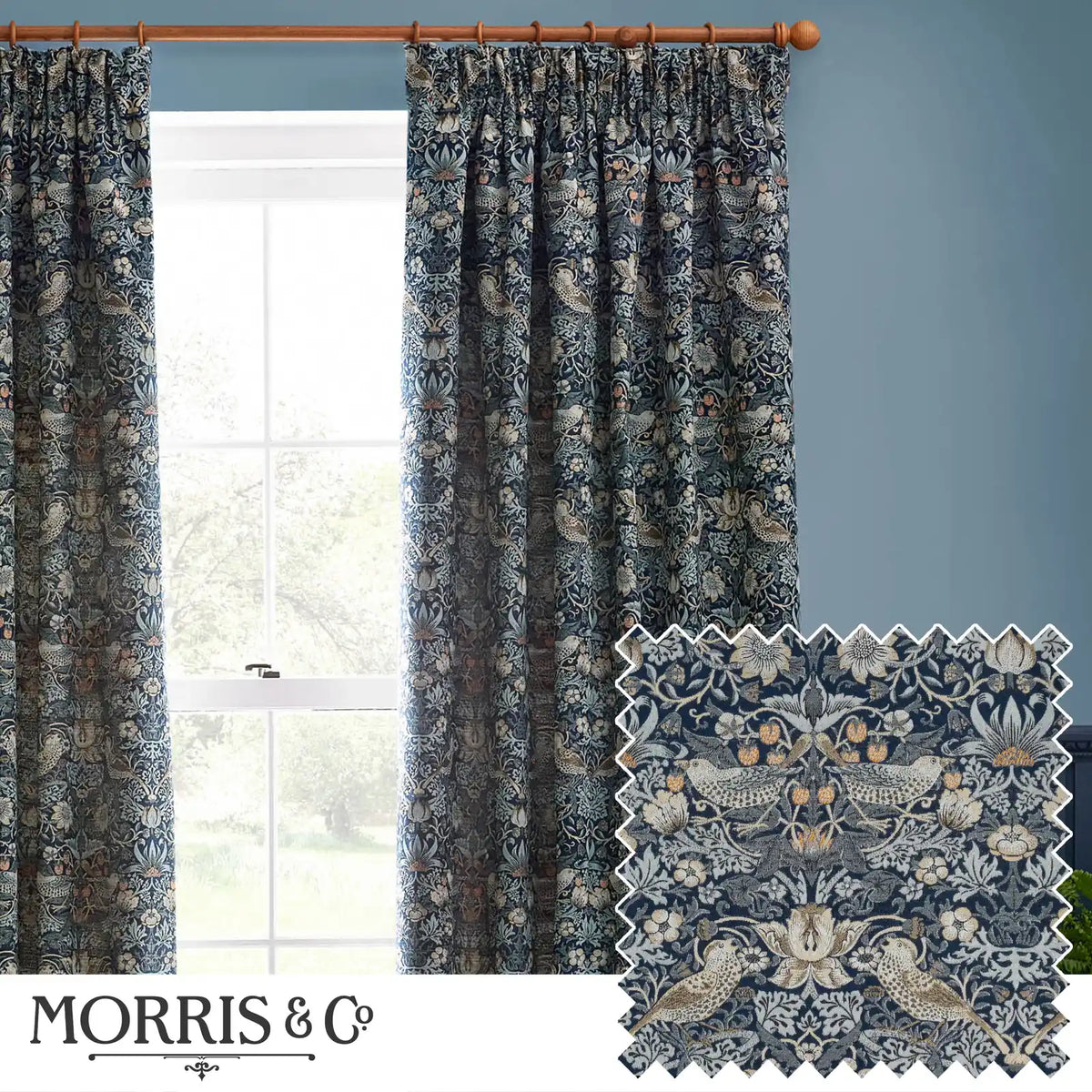 Strawberry Thief Jacquard Indigo Thermal Dimout Pencil Pleat Curtains - additional product view 1