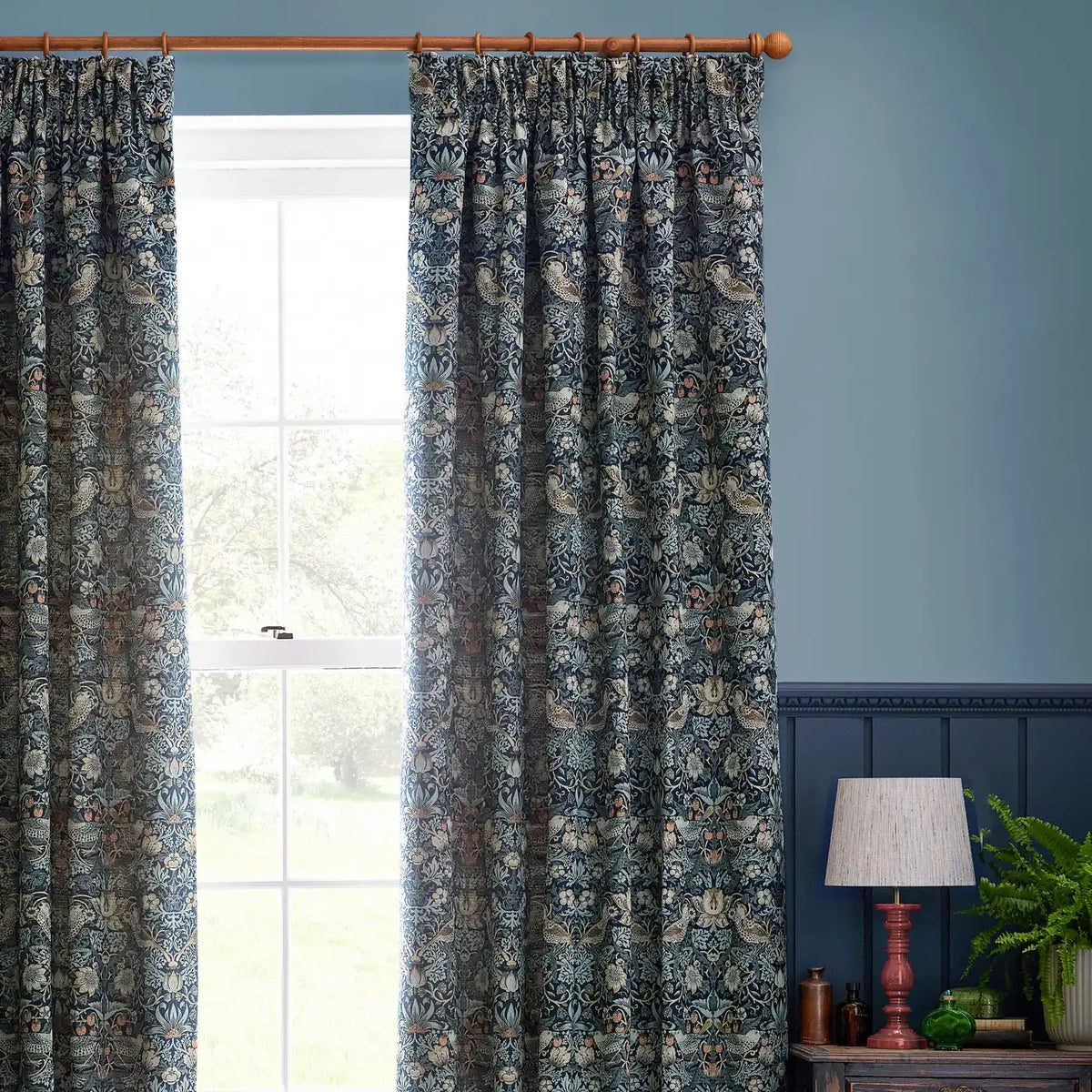 Strawberry Thief Jacquard Indigo Thermal Dimout Pencil Pleat Curtains - additional product view 3