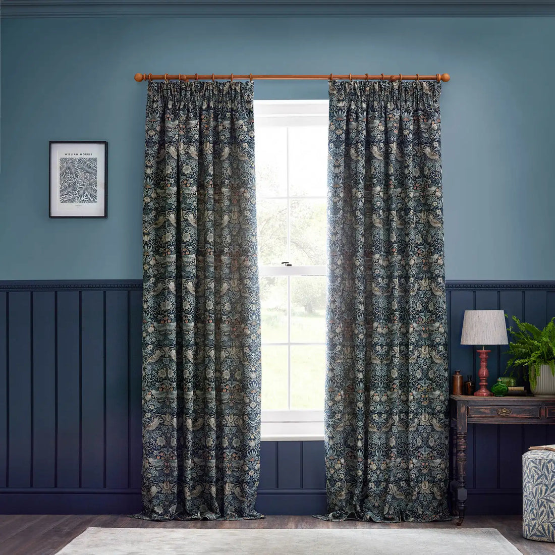 Strawberry Thief Jacquard Indigo Thermal Dimout Pencil Pleat Curtains