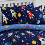 Close-up of matching Supersonic Kids Duvet Cover Set Reversible Bedding Single Double Toddler pillowcases showing the pattern and fabric detail