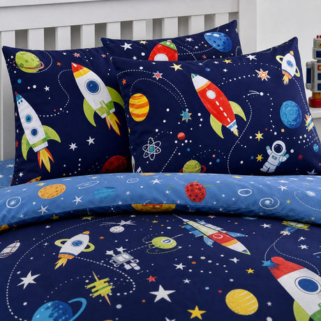 Close-up of matching Supersonic Kids Duvet Cover Set Reversible Bedding Single Double Toddler pillowcases showing the pattern and fabric detail