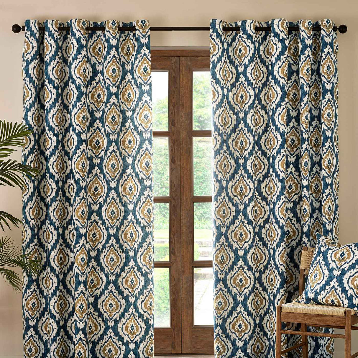Pineapple Elephant Suri Geo Natural Lined Eyelet Curtains - Teal Green