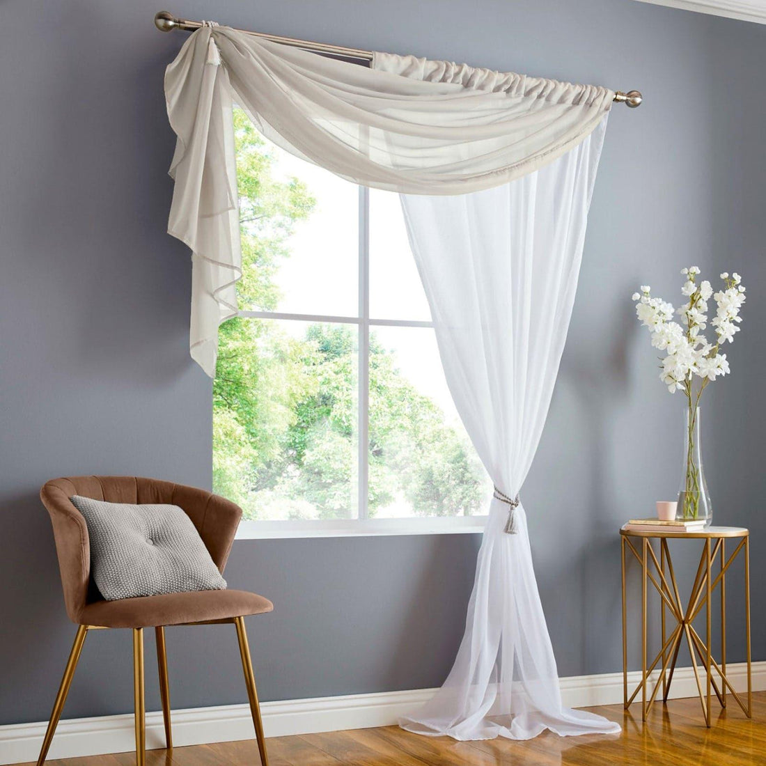 Double Display Sheer Taupe Voile Curtains Panel