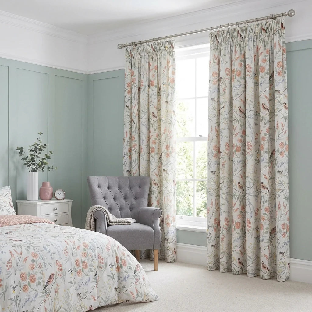 Caraway Floral Terracotta Pencil Pleat Curtains