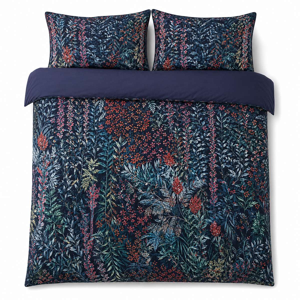 Overhead flat lay of the Tessa Floral Navy 200 Thread Count Cotton Duvet Cover Set with two matching pillowcases