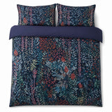 Overhead flat lay of the Tessa Floral Navy 200 Thread Count Cotton Duvet Cover Set with two matching pillowcases