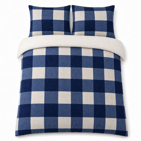 Overhead flat lay of the Theo Check Cosy Blue Duvet Cover Set with two matching pillowcases