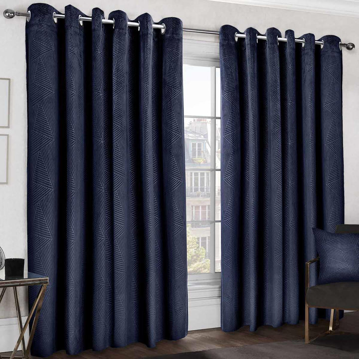Thermal Blackout Eyelet Curtains Embossed Velvet Woven Navy Blue - Ideal