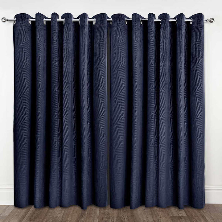 Thermal Blackout Eyelet Curtains Embossed Velvet Woven Navy Blue - Ideal
