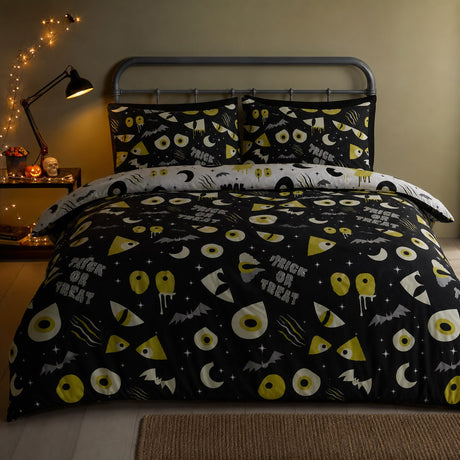 Trick or Treat Halloween Polycotton Duvet Cover Set styled on a bed in a coordinated bedroom lifestyle scene