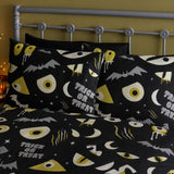 Close-up of matching Trick or Treat Halloween Polycotton Duvet Cover Set pillowcases showing the pattern and fabric detail
