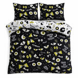 Overhead flat lay of the Trick or Treat Halloween Polycotton Duvet Cover Set with two matching pillowcases