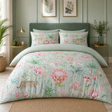 Tropical Leopard green cotton rich duvet cover set styled on a fresh botanical bedroom bed