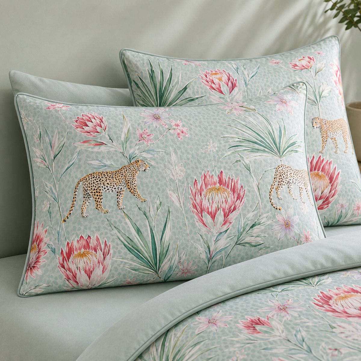 Close-up of Tropical Leopard pillowcases showing protea flowers palm leaves and leopard print