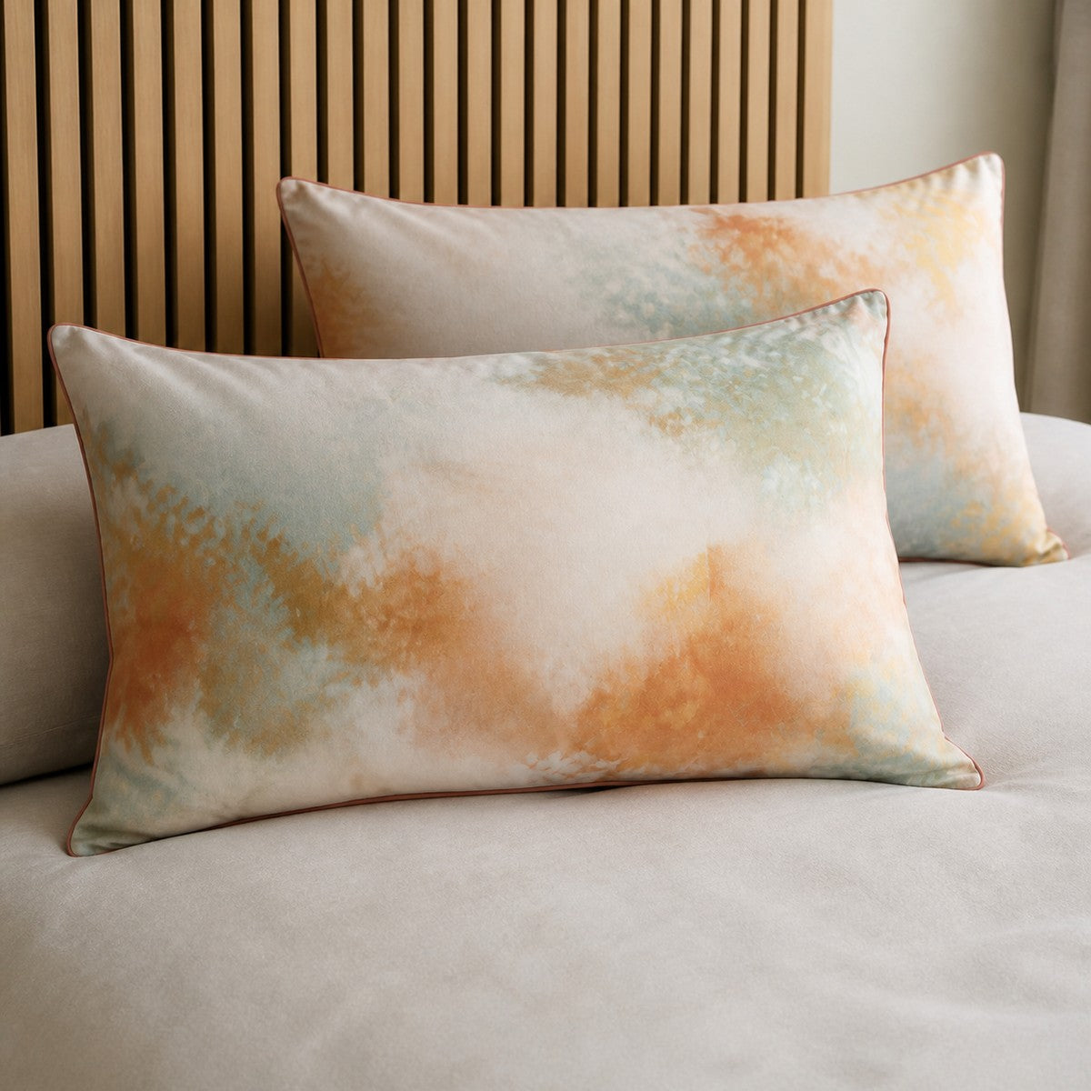 Close-up of Tuscany Cotton Duvet Cover Set in natural pillowcases showing the print and fabric detail