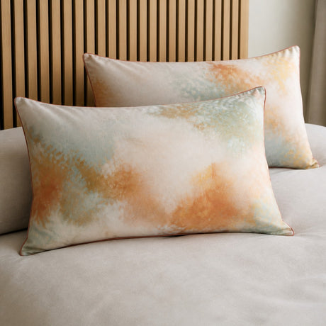 Close-up of Tuscany Cotton Duvet Cover Set in natural pillowcases showing the print and fabric detail