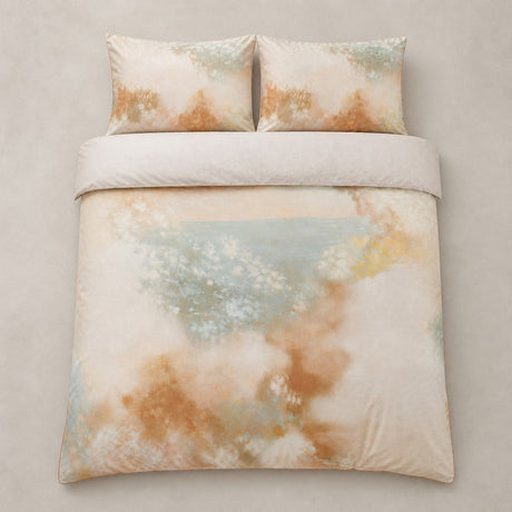Overhead flat lay of the Tuscany Cotton Duvet Cover Set in natural with two matching pillowcases