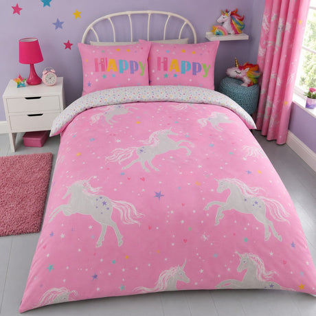 Unicorn Glow In The Dark Kids Duvet Cover Set styled on a bed in a coordinated bedroom lifestyle scene