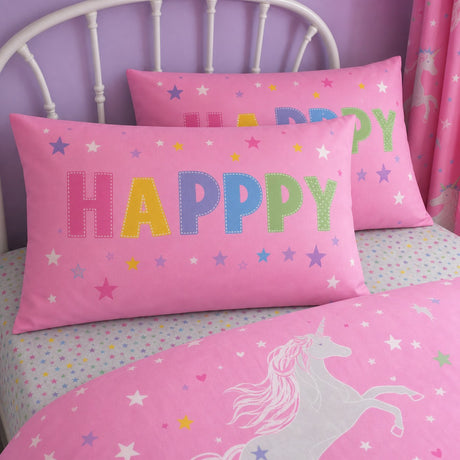 Close-up of matching Unicorn Glow In The Dark Kids Duvet Cover Set pillowcases showing the pattern and fabric detail