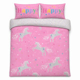Overhead flat lay of the Unicorn Glow In The Dark Kids Duvet Cover Set with two matching pillowcases