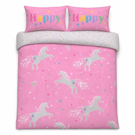 Overhead flat lay of the Unicorn Glow In The Dark Kids Duvet Cover Set with two matching pillowcases