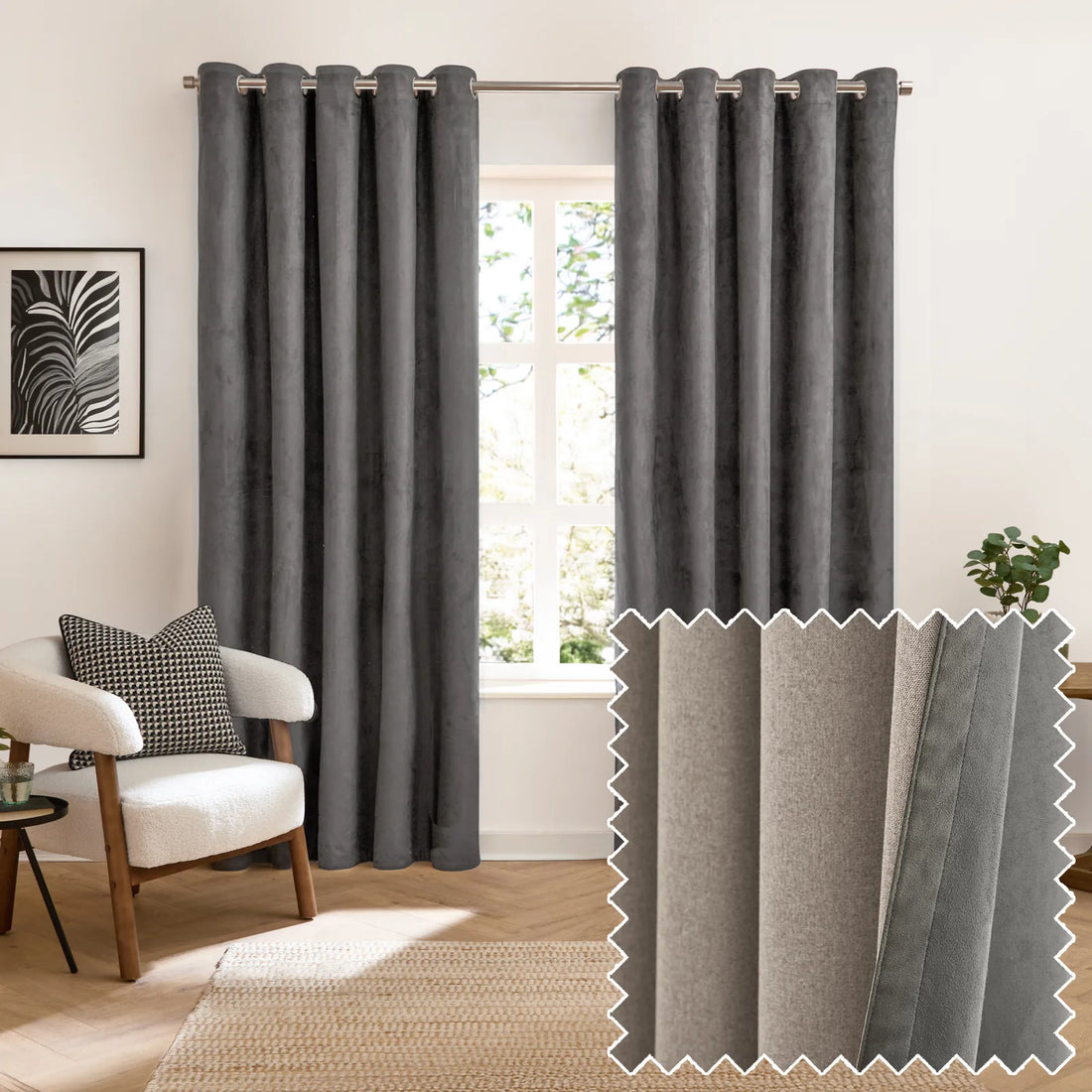 Verso Reversible Suede-look Blackout Eyelet Curtains Charcoal
