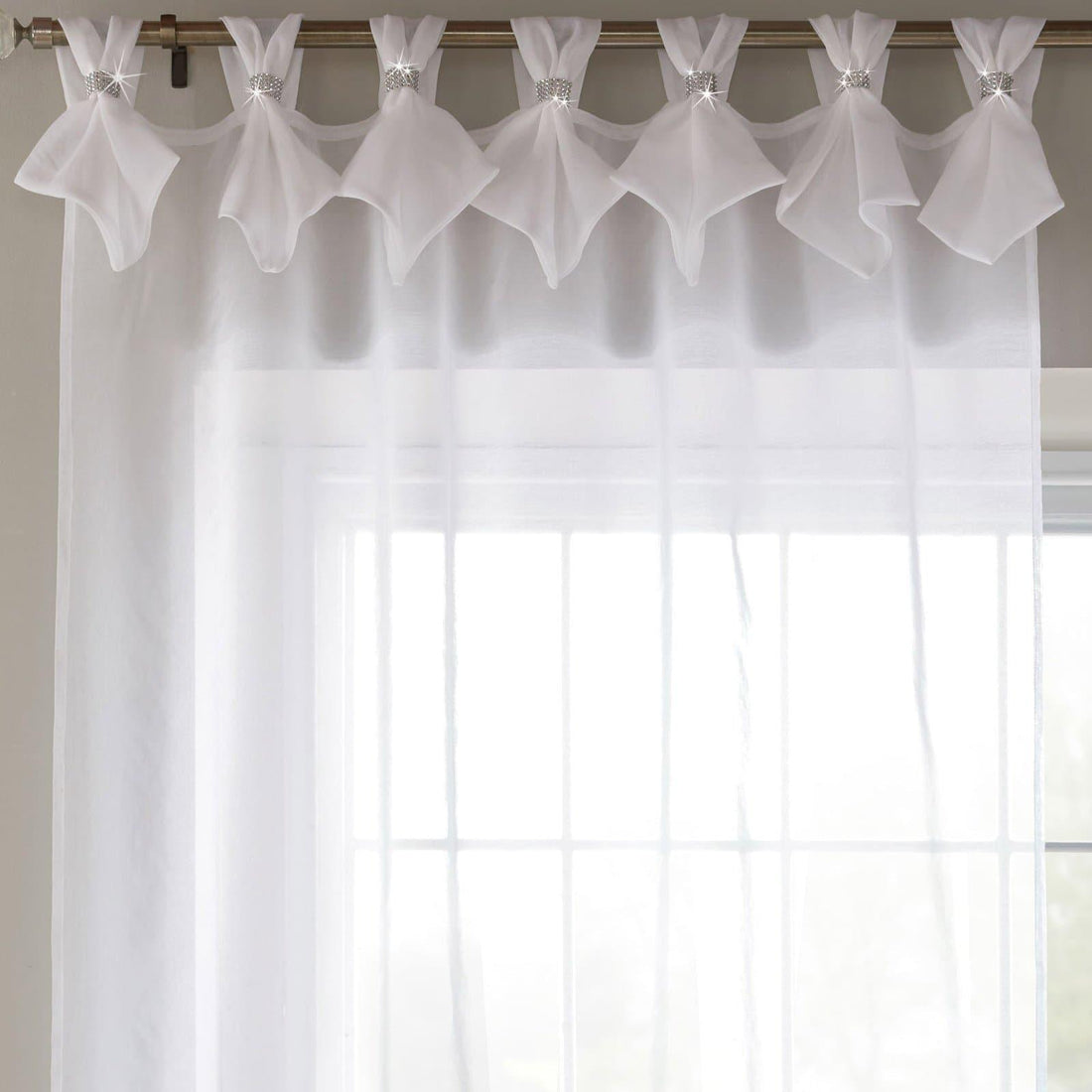 Tiara Diamante Tab Top White Voile Curtains Panels Textured