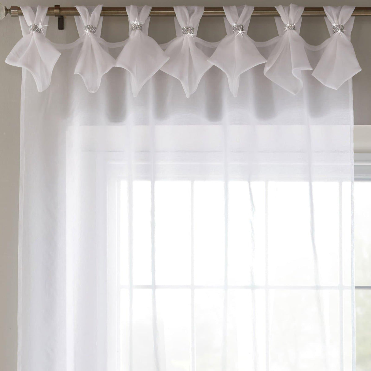Tiara Diamante Tab Top Voile Curtain Panels - White