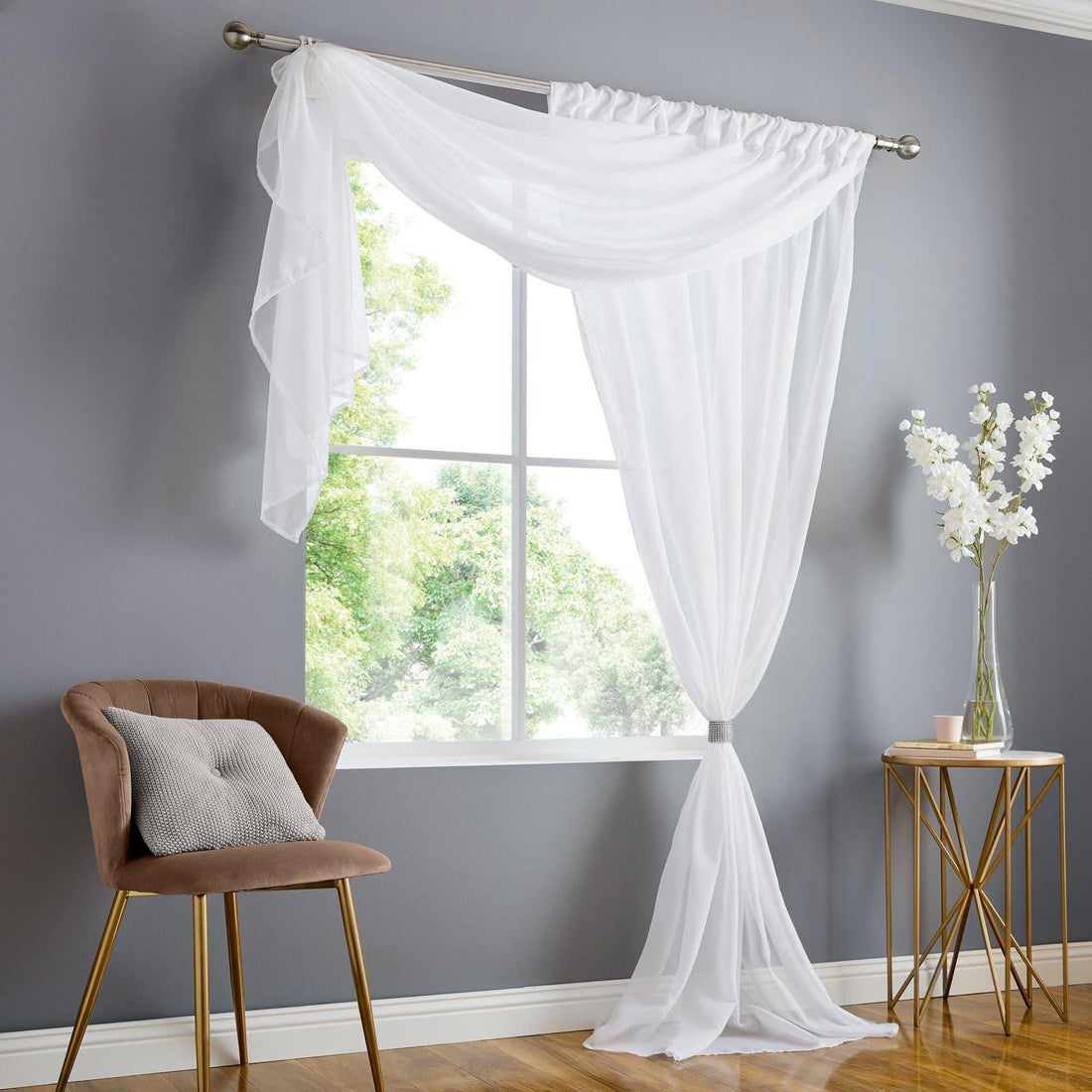 Double Display Sheer White Voile Curtains Panel