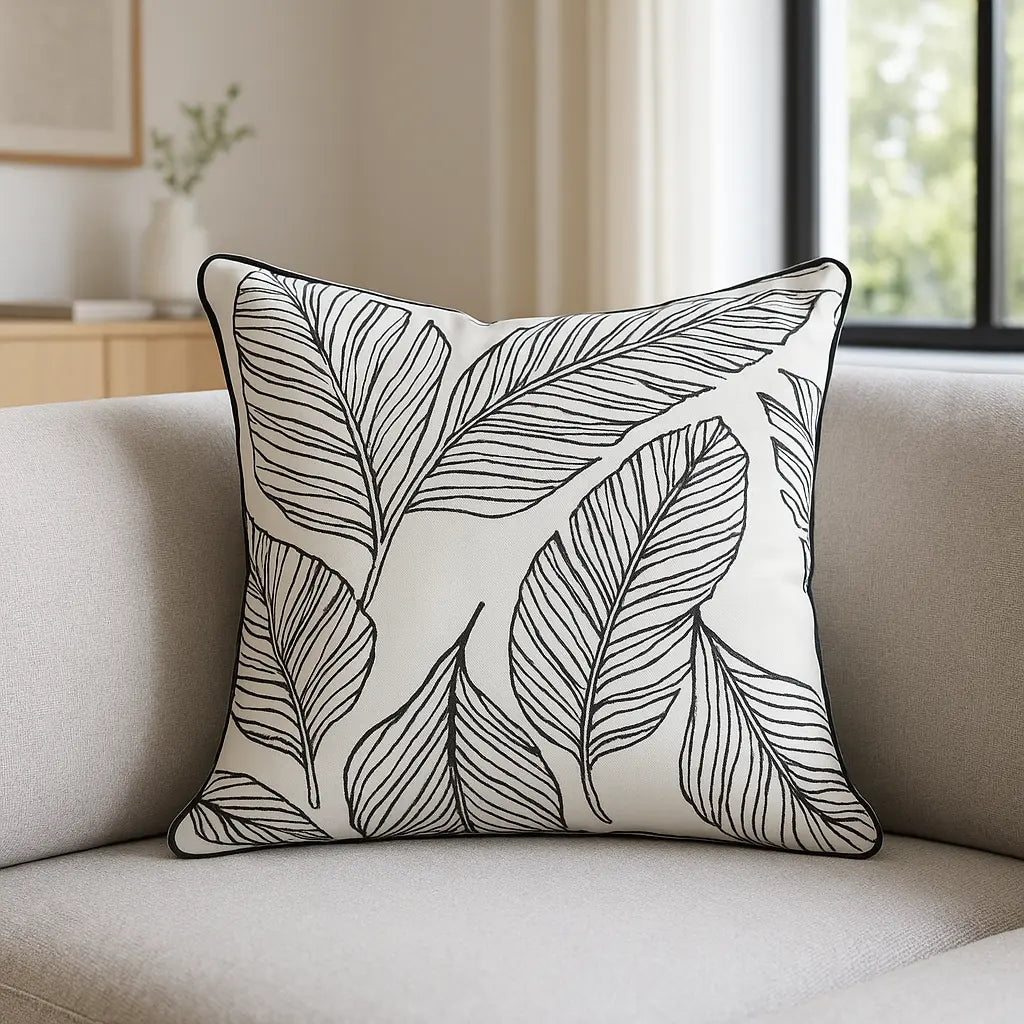 Matteo Leaf Cotton Cushion Cover 43cm x 43cm - Black
