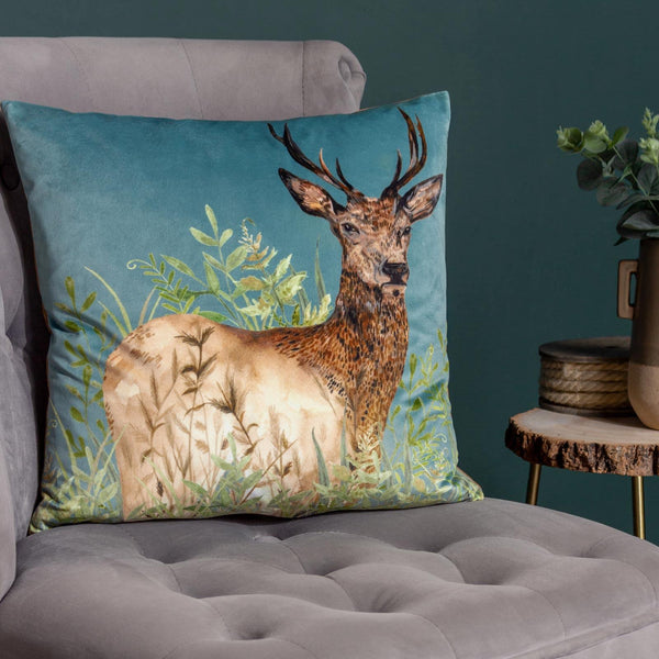 Willow Stag Cyan Velvet Cushion Cover 17" x 17" - Ideal