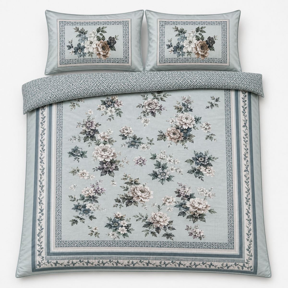 Overhead flat lay of the Windsford floral cotton sateen duvet cover set with two pillows