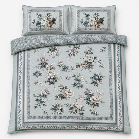 Overhead flat lay of the Windsford floral cotton sateen duvet cover set with two pillows
