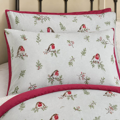 Close-up of matching Winter Robin Duck Egg Microfibre Christmas Duvet Cover Set pillowcases showing the pattern and fabric detail