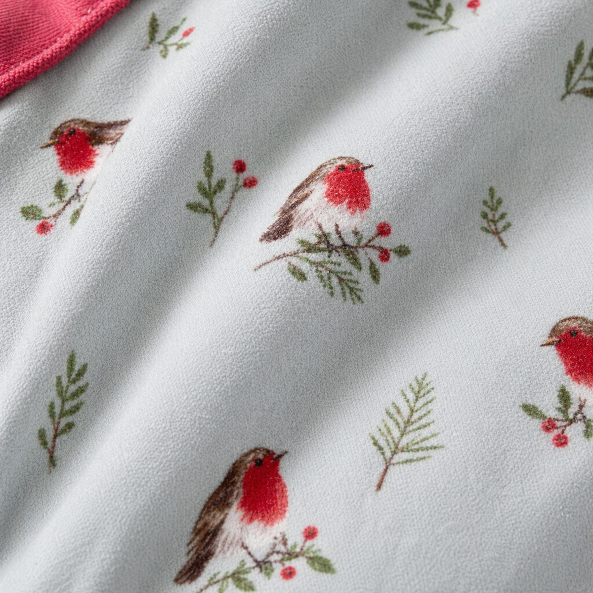 Macro close-up of the duvet cover fabric on the Winter Robin Duck Egg Microfibre Christmas Duvet Cover Set