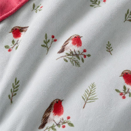 Macro close-up of the duvet cover fabric on the Winter Robin Duck Egg Microfibre Christmas Duvet Cover Set