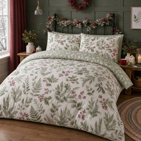 Winter Sprigs Flannelette Brushed Cotton Duvet Cover Set styled on a bed in a coordinated bedroom lifestyle scene