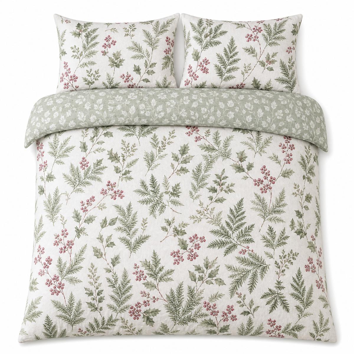 Overhead flat lay of the Winter Sprigs Flannelette Brushed Cotton Duvet Cover Set with two matching pillowcases