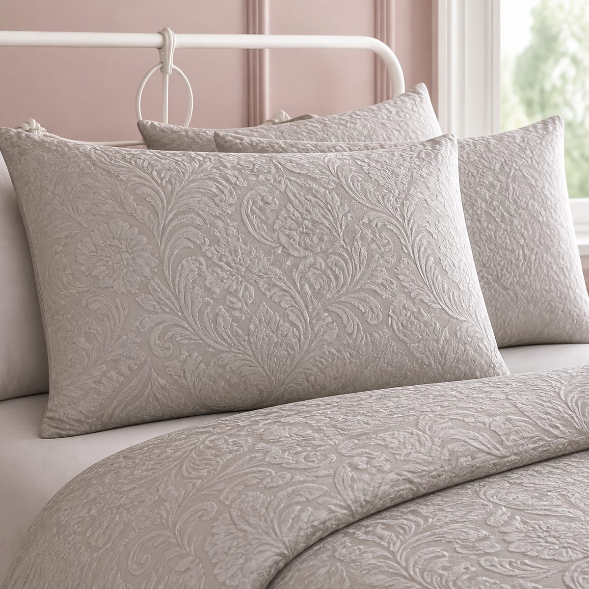 Close-up of matching Worcester Jacquard Silver Duvet Cover Set pillowcases showing the pattern and fabric detail