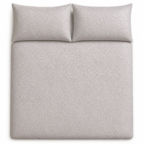 Overhead flat lay of the Worcester Jacquard Silver Duvet Cover Set with two matching pillowcases