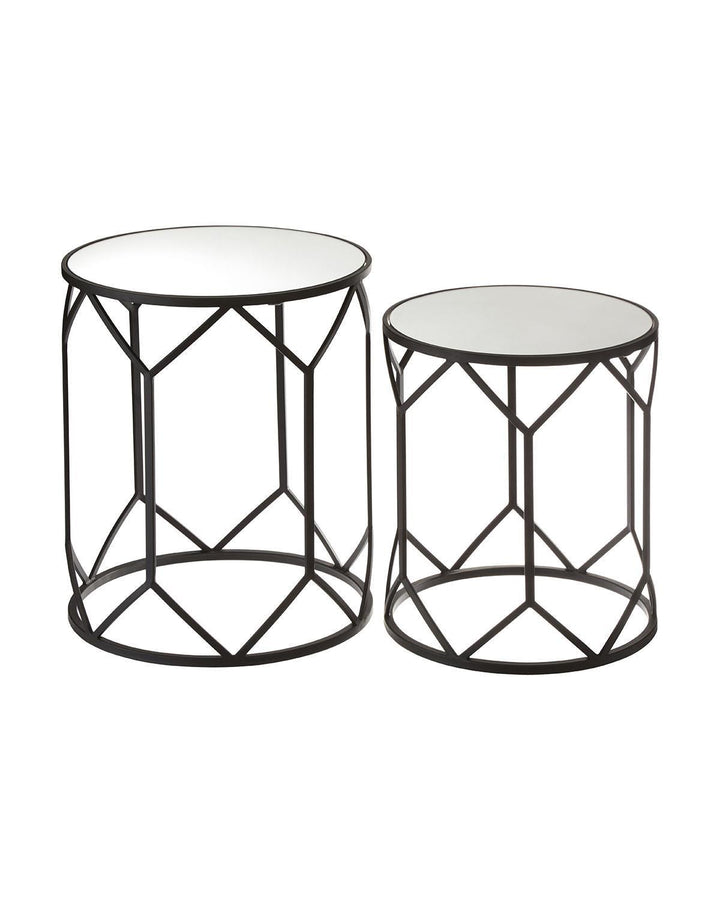 Set of 2 Black Steel Diamond Shaped Mirrored Glass Side Tables - Ideal