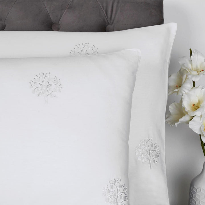 Embroidered Trees 100% Cotton White Duvet Cover Set - Ideal