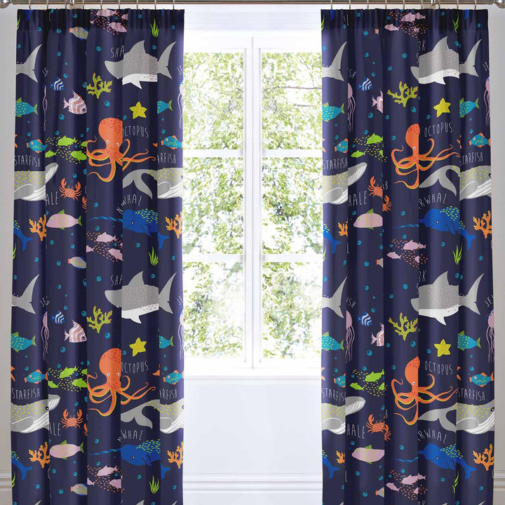 Sea Life Blue Lined Tape Top Curtains - Ideal